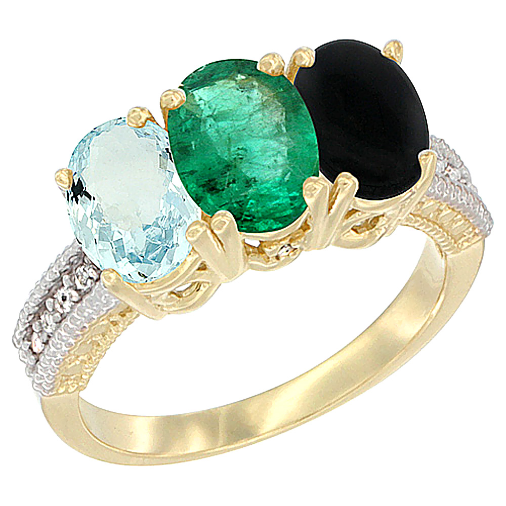 14K Yellow Gold Natural Aquamarine, Emerald &amp; Black Onyx Ring 3-Stone Oval 7x5 mm Diamond Accent, sizes 5 - 10