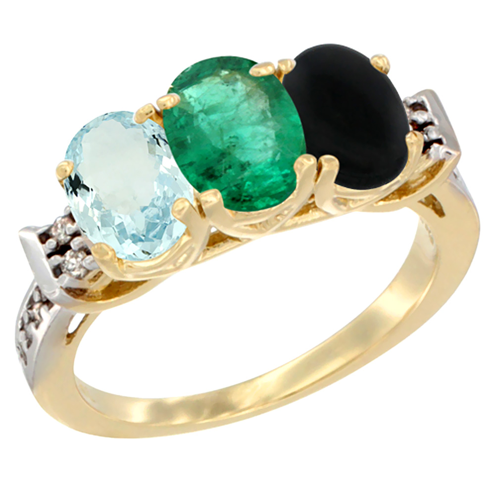14K Yellow Gold Natural Aquamarine, Emerald & Black Onyx Ring 3-Stone Oval 7x5 mm Diamond Accent, sizes 5 - 10