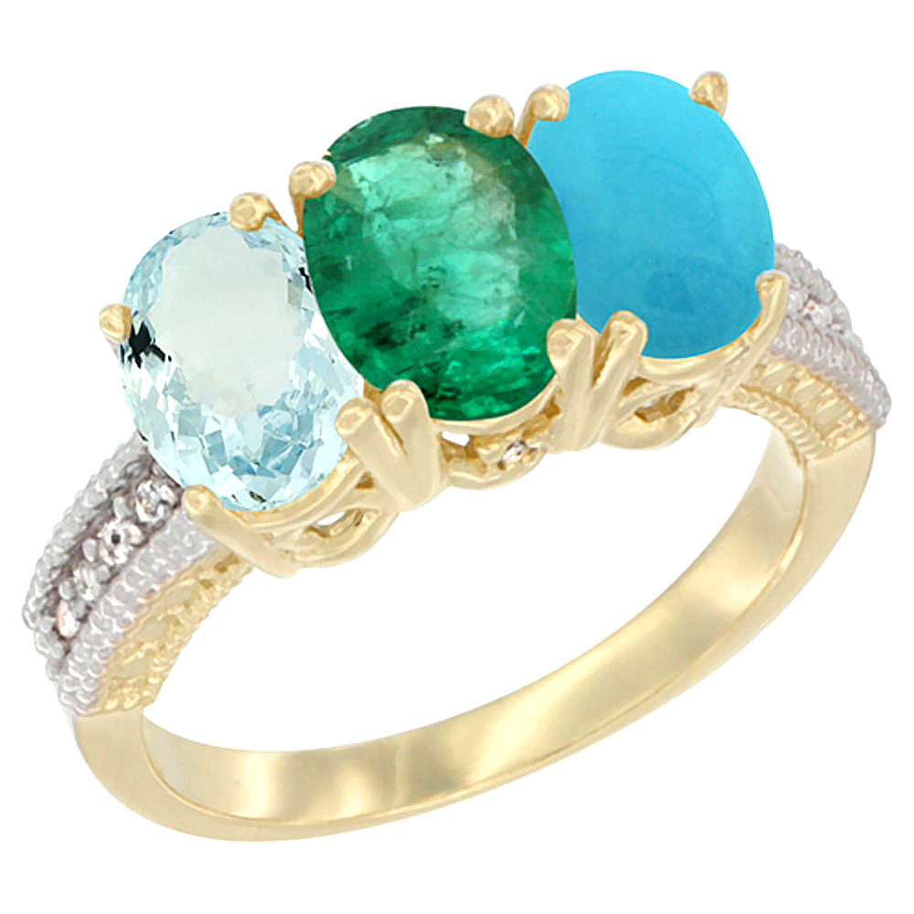 10K Yellow Gold Natural Aquamarine, Emerald & Turquoise Ring 3-Stone Oval 7x5 mm, sizes 5 - 10