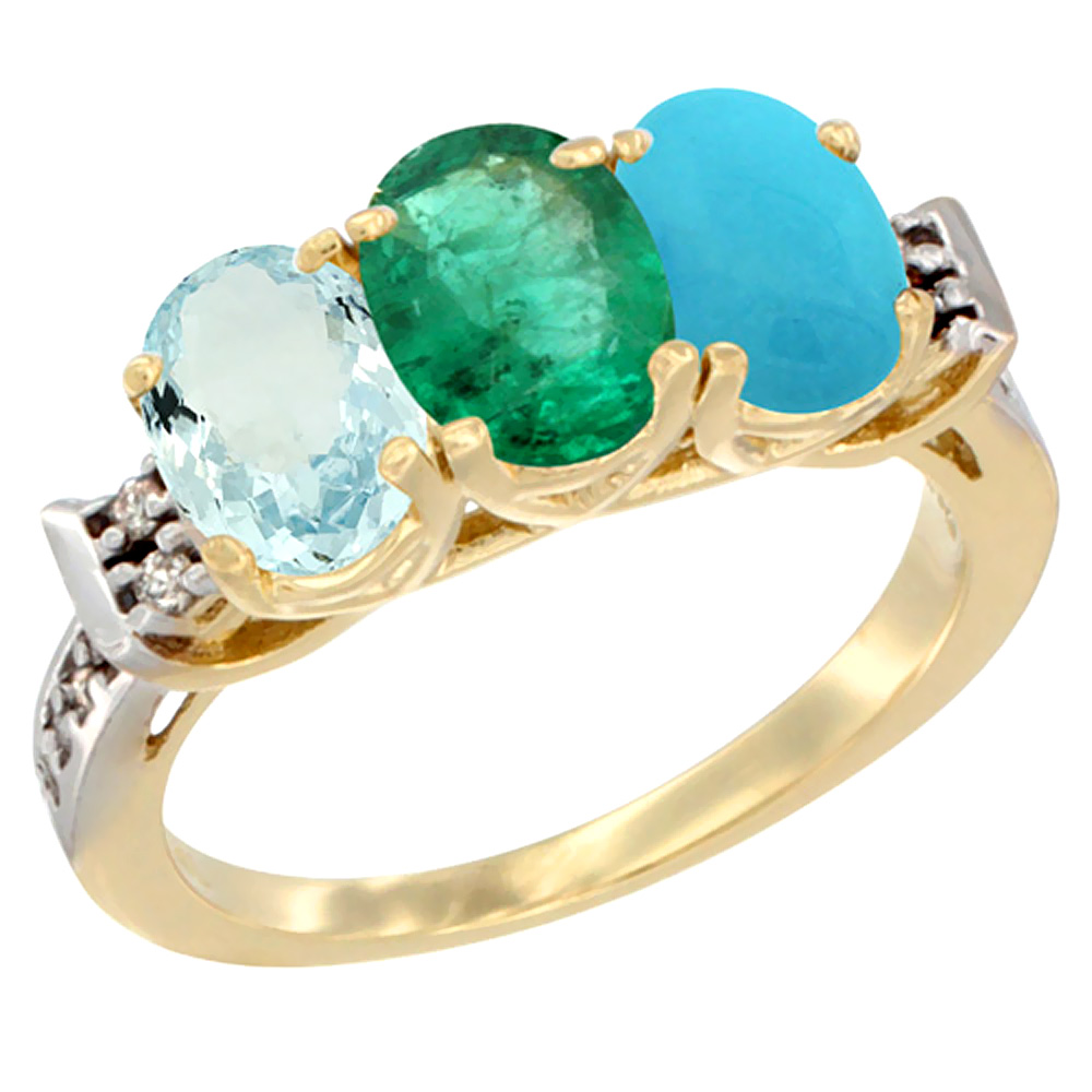 10K Yellow Gold Natural Aquamarine, Emerald &amp; Turquoise Ring 3-Stone Oval 7x5 mm Diamond Accent, sizes 5 - 10
