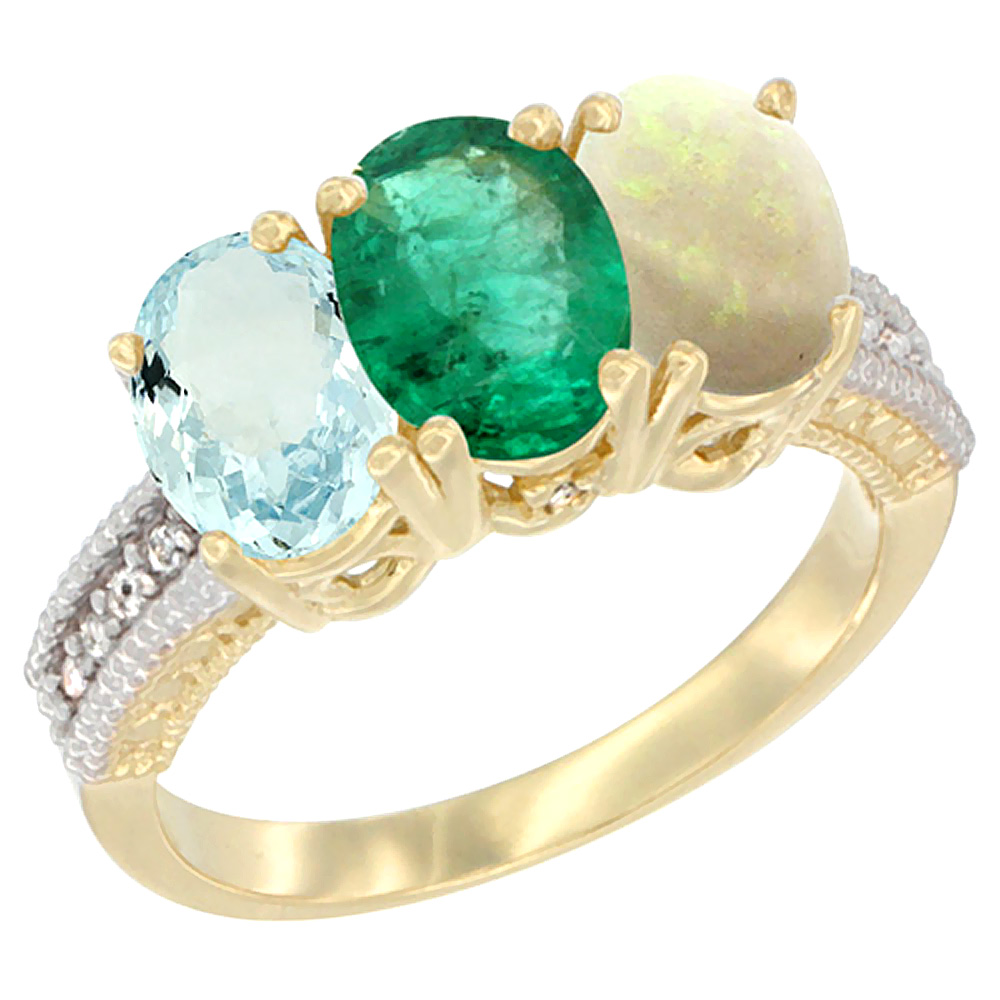 10K Yellow Gold Natural Aquamarine, Emerald &amp; Opal Ring 3-Stone Oval 7x5 mm, sizes 5 - 10