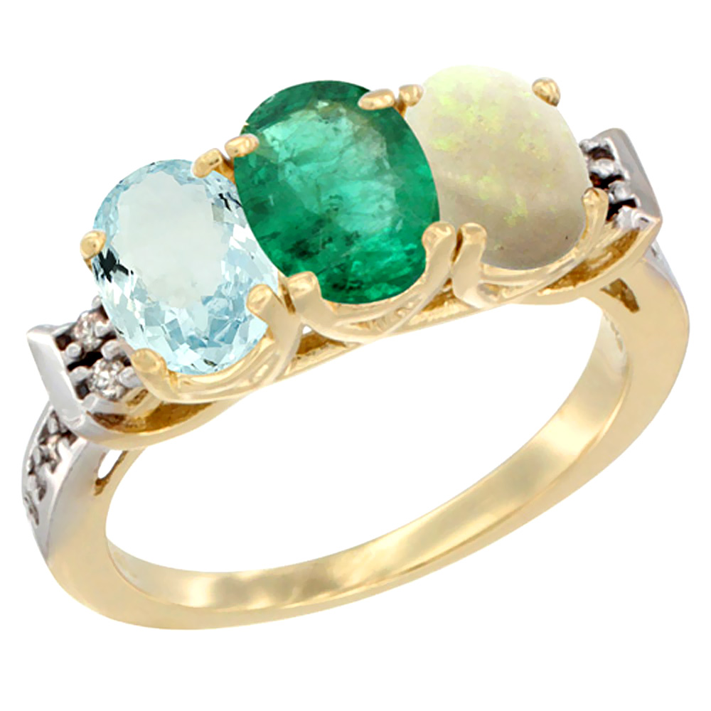 10K Yellow Gold Natural Aquamarine, Emerald & Opal Ring 3-Stone Oval 7x5 mm Diamond Accent, sizes 5 - 10