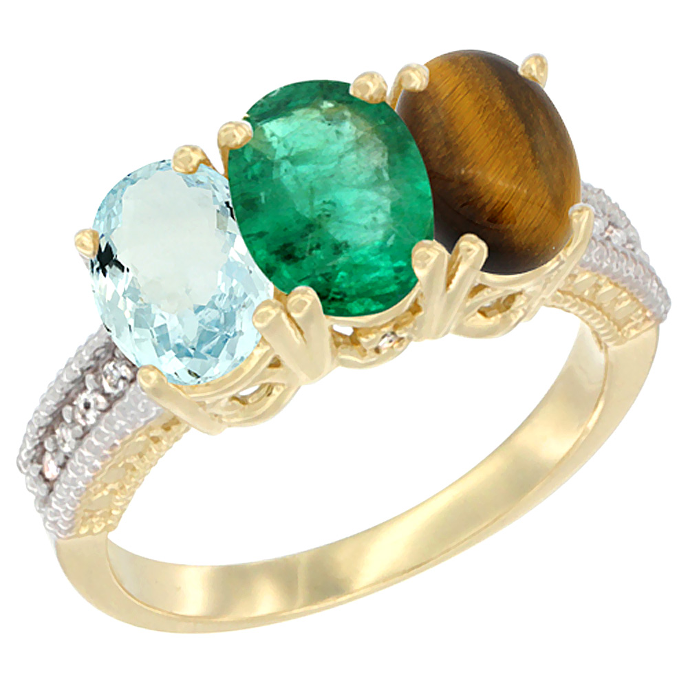 10K Yellow Gold Natural Aquamarine, Emerald &amp; Tiger Eye Ring 3-Stone Oval 7x5 mm, sizes 5 - 10