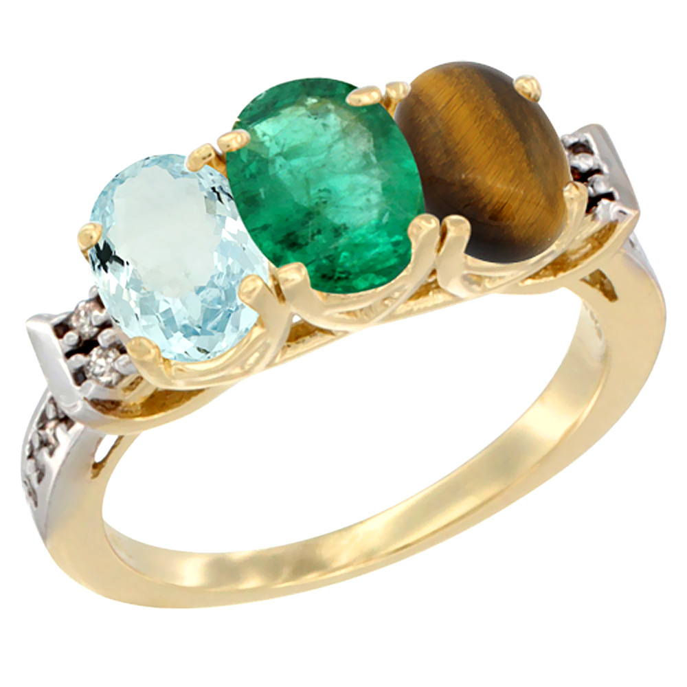 14K Yellow Gold Natural Aquamarine, Emerald &amp; Tiger Eye Ring 3-Stone Oval 7x5 mm Diamond Accent, sizes 5 - 10