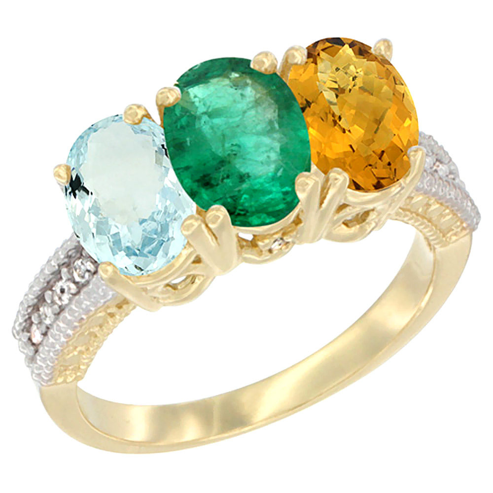 10K Yellow Gold Natural Aquamarine, Emerald &amp; Whisky Quartz Ring 3-Stone Oval 7x5 mm, sizes 5 - 10