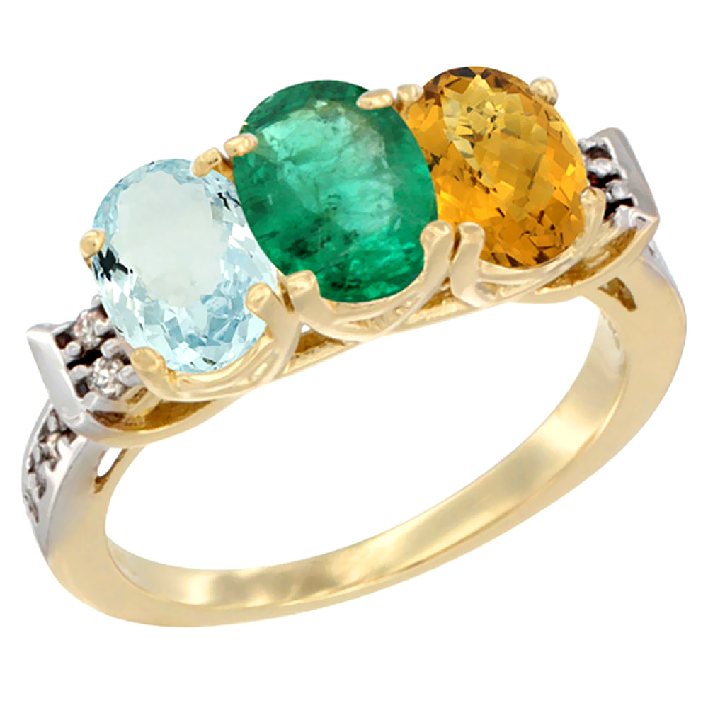 10K Yellow Gold Natural Aquamarine, Emerald & Whisky Quartz Ring 3-Stone Oval 7x5 mm Diamond Accent, sizes 5 - 10