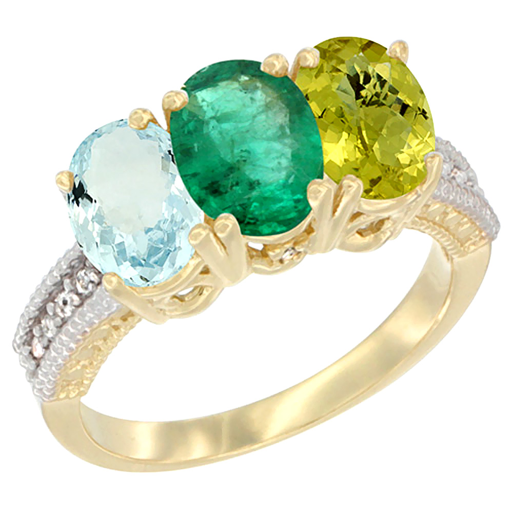 14K Yellow Gold Natural Aquamarine, Emerald &amp; Lemon Quartz Ring 3-Stone Oval 7x5 mm Diamond Accent, sizes 5 - 10
