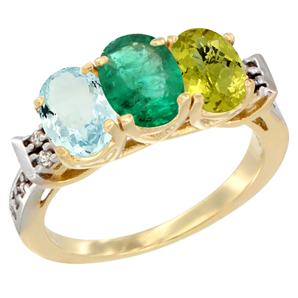 10K Yellow Gold Natural Aquamarine, Emerald & Lemon Quartz Ring 3-Stone Oval 7x5 mm Diamond Accent, sizes 5 - 10