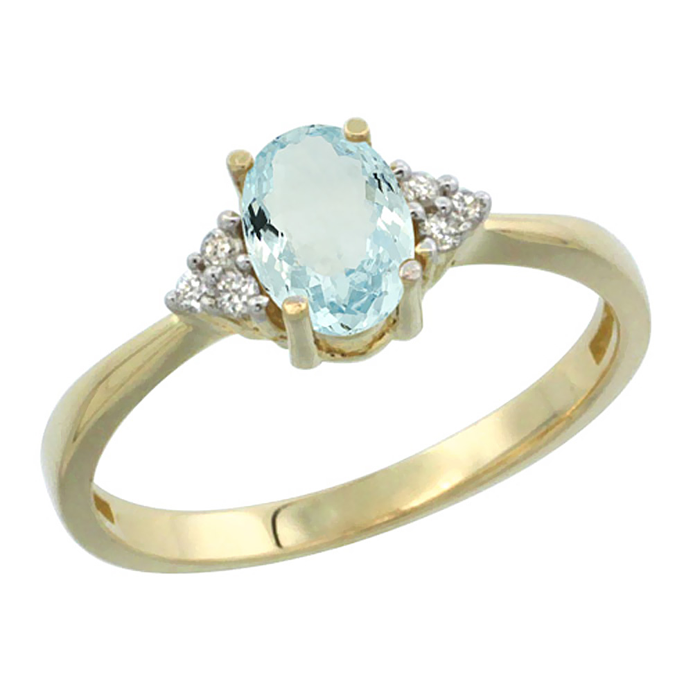 14K Yellow Gold Diamond Natural Aquamarine Engagement Ring Oval 7x5mm, sizes 5-10