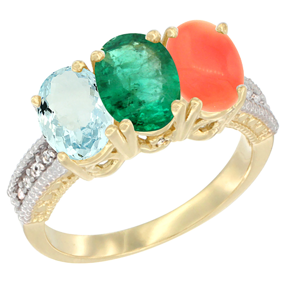 10K Yellow Gold Natural Aquamarine, Emerald &amp; Coral Ring 3-Stone Oval 7x5 mm, sizes 5 - 10