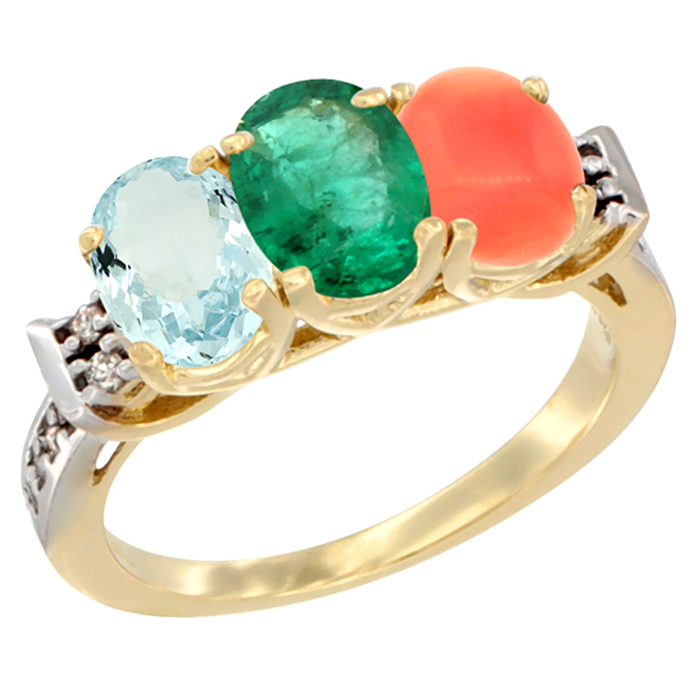 14K Yellow Gold Natural Aquamarine, Emerald & Coral Ring 3-Stone Oval 7x5 mm Diamond Accent, sizes 5 - 10