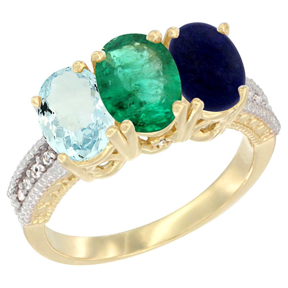 10K Yellow Gold Natural Aquamarine, Emerald &amp; Lapis Ring 3-Stone Oval 7x5 mm, sizes 5 - 10