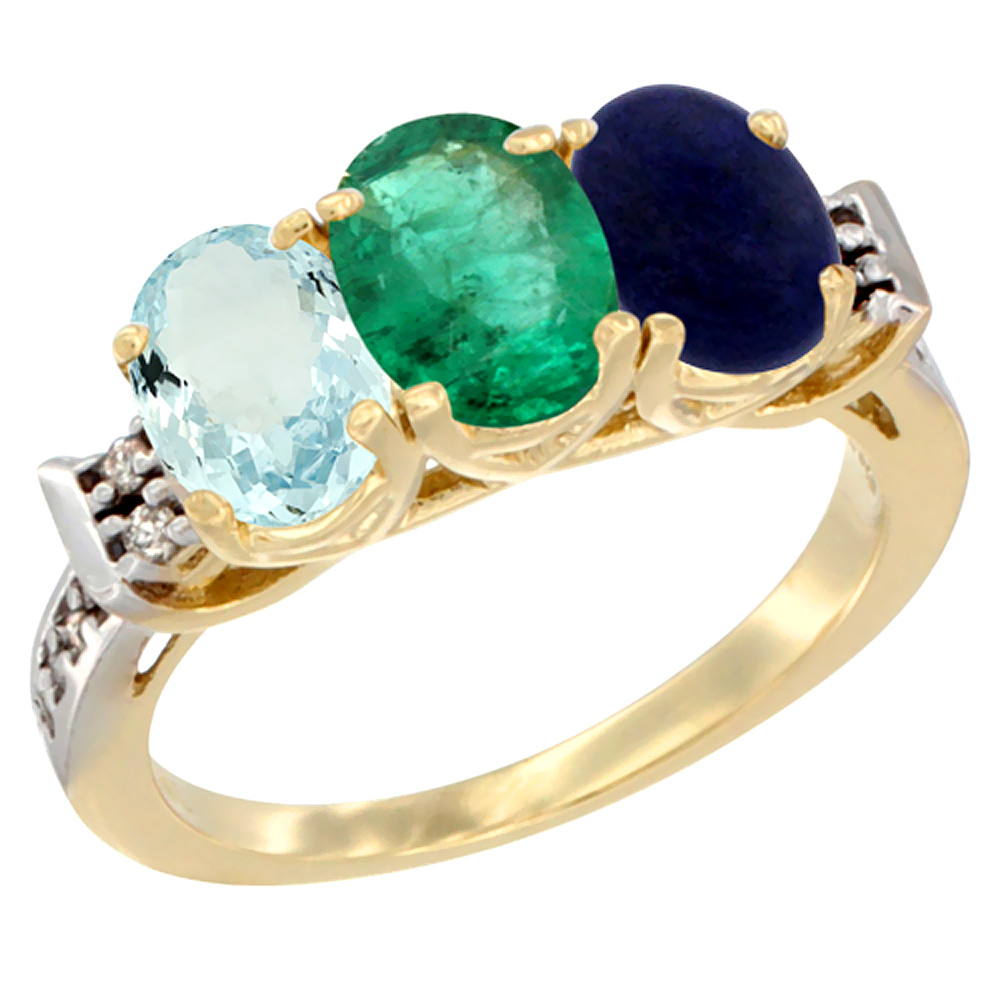 14K Yellow Gold Natural Aquamarine, Emerald &amp; Lapis Ring 3-Stone Oval 7x5 mm Diamond Accent, sizes 5 - 10