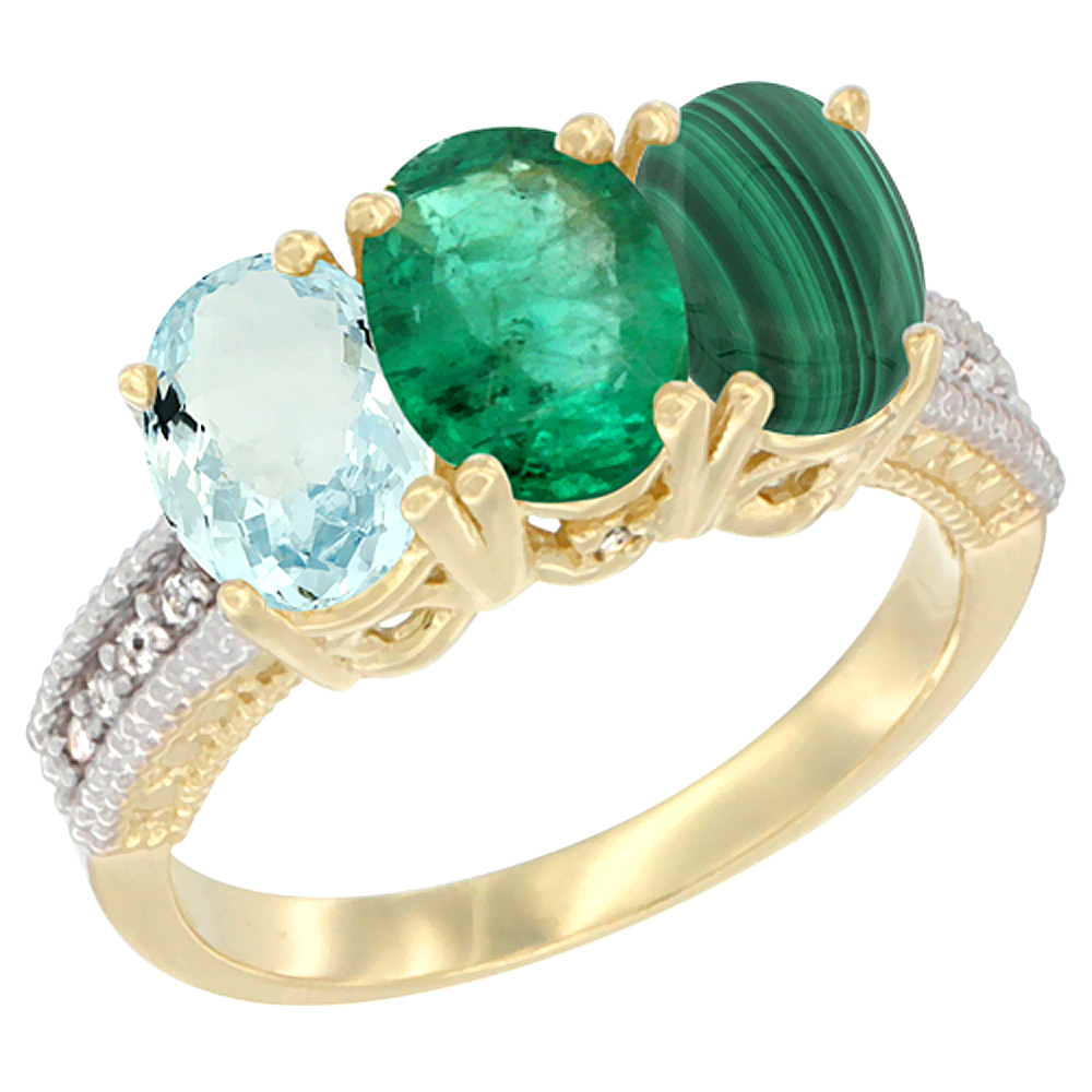 10K Yellow Gold Natural Aquamarine, Emerald &amp; Malachite Ring 3-Stone Oval 7x5 mm, sizes 5 - 10