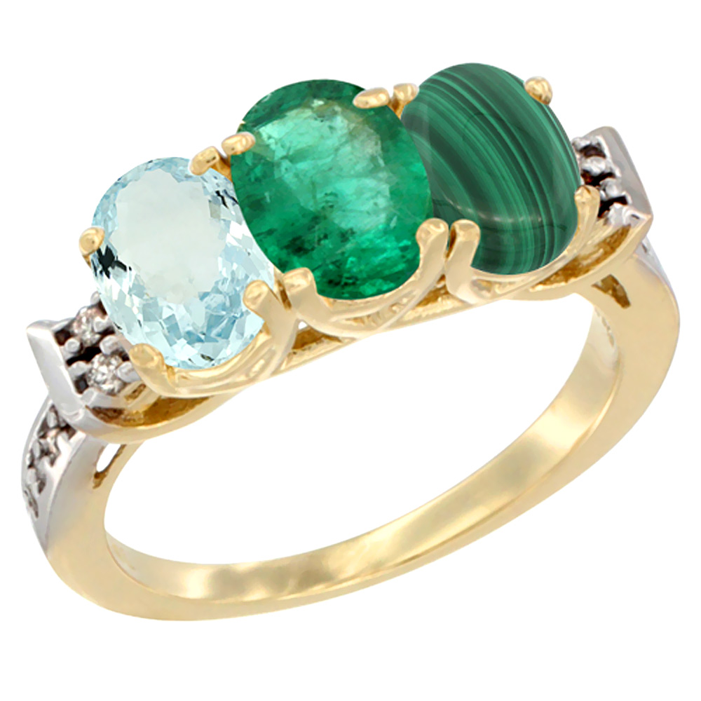 10K Yellow Gold Natural Aquamarine, Emerald &amp; Malachite Ring 3-Stone Oval 7x5 mm Diamond Accent, sizes 5 - 10
