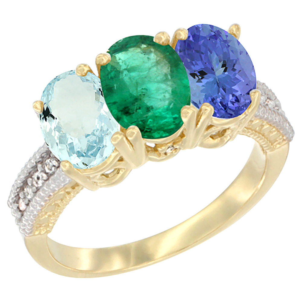 10K Yellow Gold Natural Aquamarine, Emerald &amp; Tanzanite Ring 3-Stone Oval 7x5 mm, sizes 5 - 10