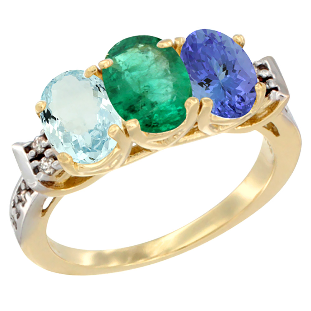 14K Yellow Gold Natural Aquamarine, Emerald &amp; Tanzanite Ring 3-Stone Oval 7x5 mm Diamond Accent, sizes 5 - 10