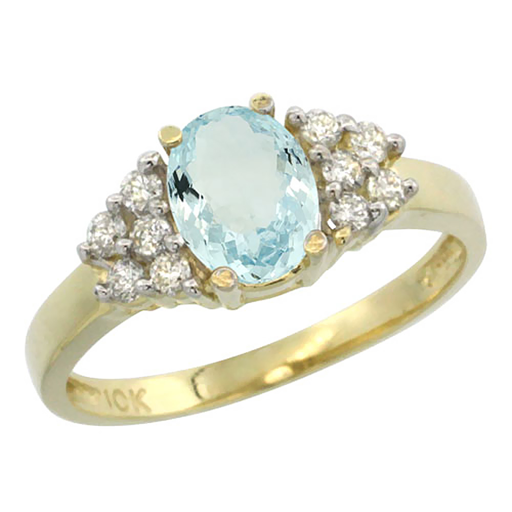 10K Yellow Gold Natural Aquamarine Ring Oval 8x6mm Diamond Accent, sizes 5-10