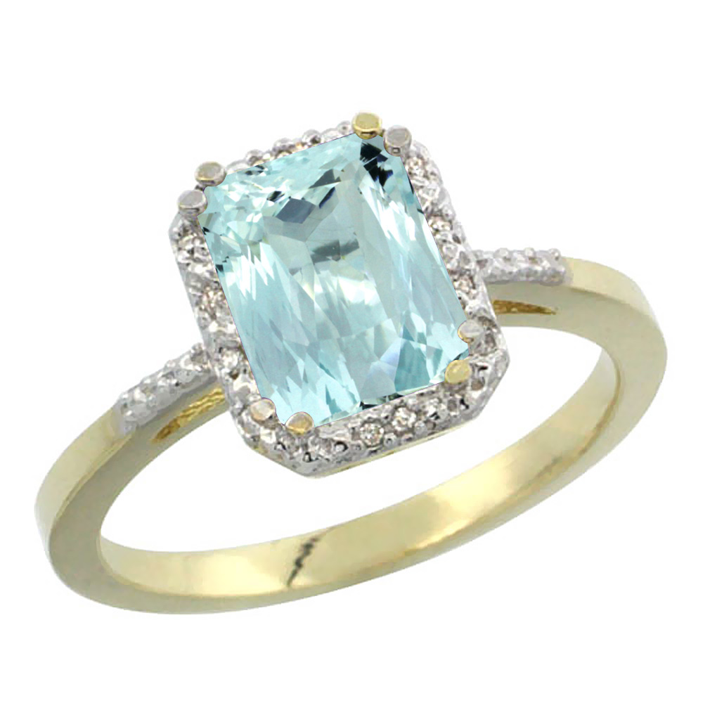 14K Yellow Gold Natural Aquamarine Ring Emerald-shape 8x6mm Diamond Accent, sizes 5-10