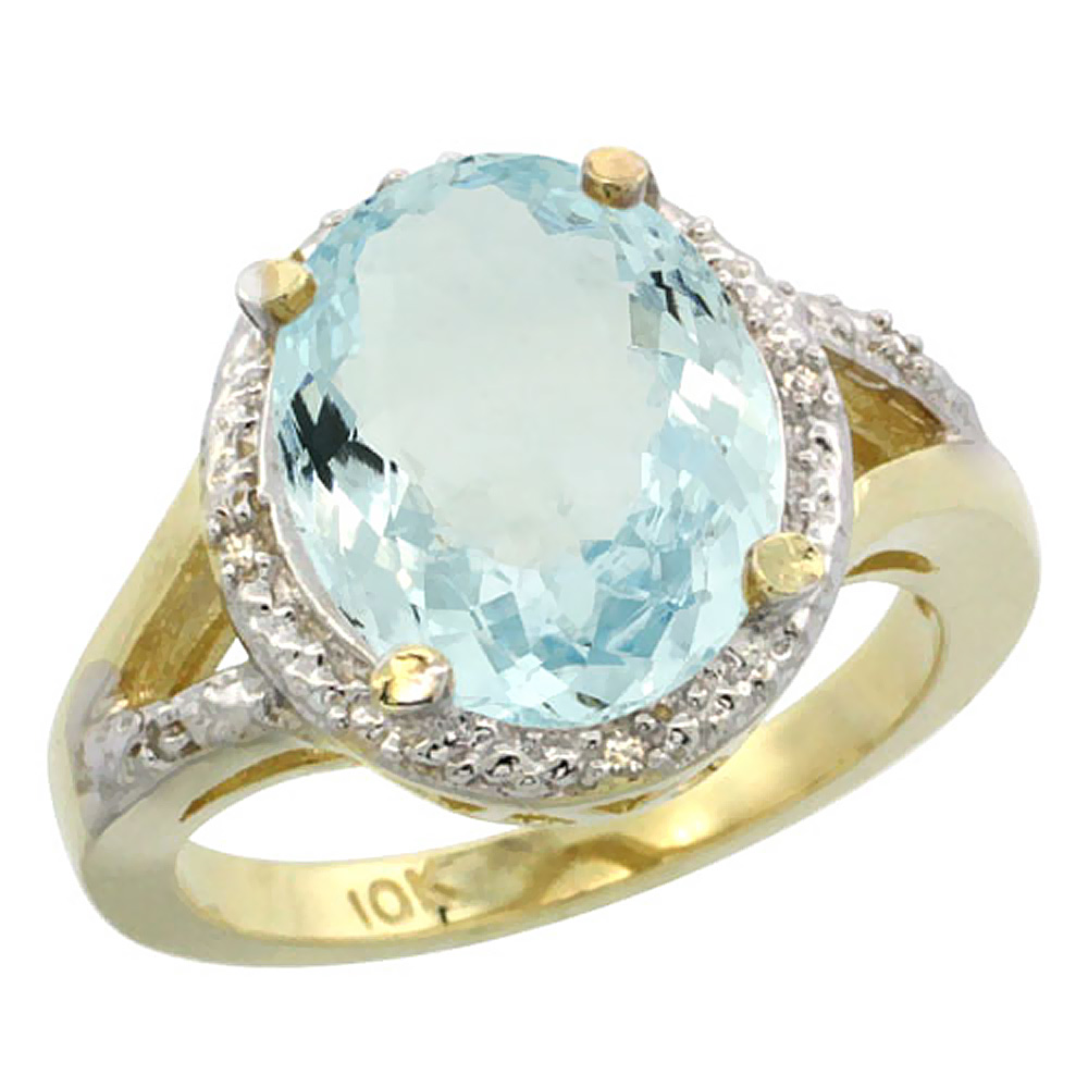 10K Yellow Gold Natural Aquamarine Ring Oval 12x10mm Diamond Accent, sizes 5-10