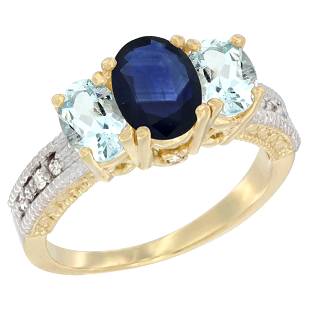 10K Yellow Gold Diamond Natural Blue Sapphire Ring Oval 3-stone with Aquamarine, sizes 5 - 10
