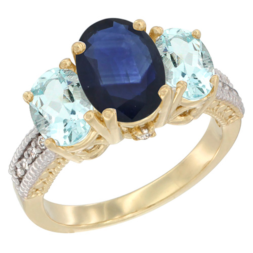 10K Yellow Gold Diamond Natural Blue Sapphire Ring 3-Stone Oval 8x6mm with Aquamarine, sizes5-10