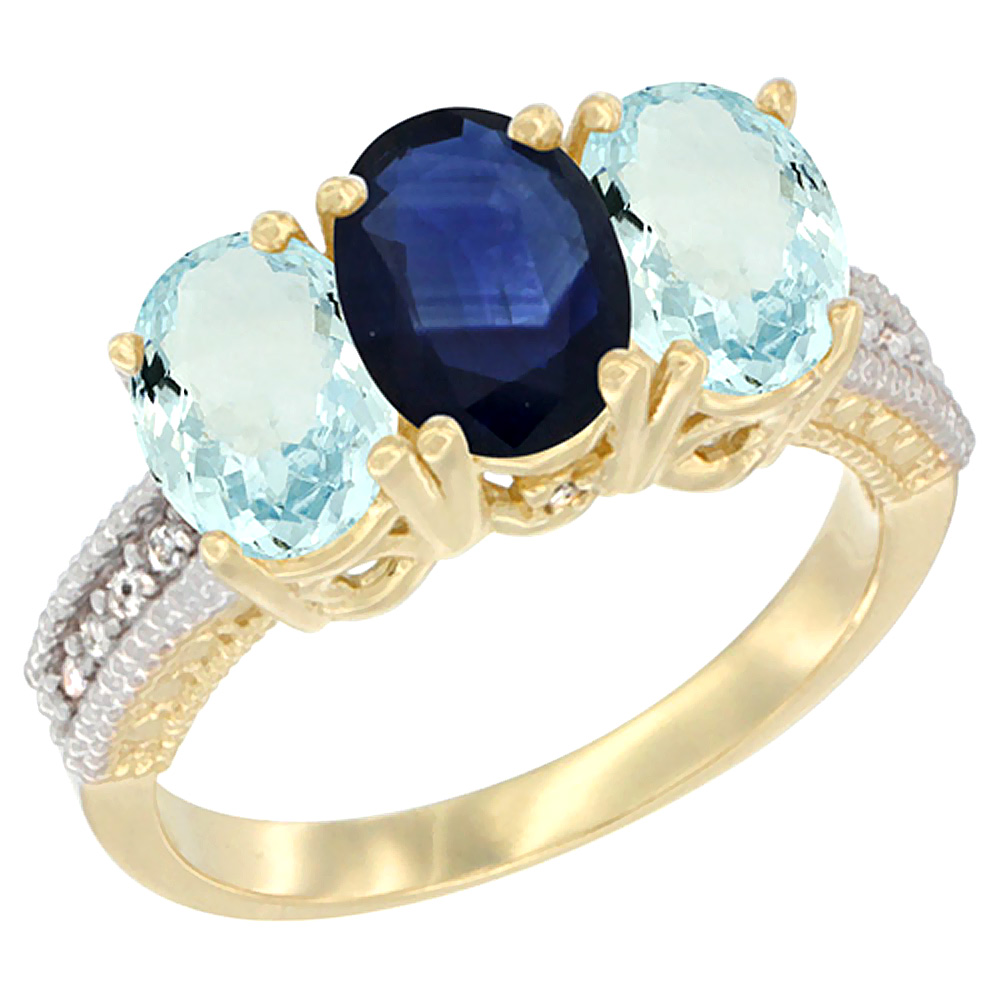 10K Yellow Gold Natural Blue Sapphire &amp; Aquamarine Ring 3-Stone Oval 7x5 mm, sizes 5 - 10
