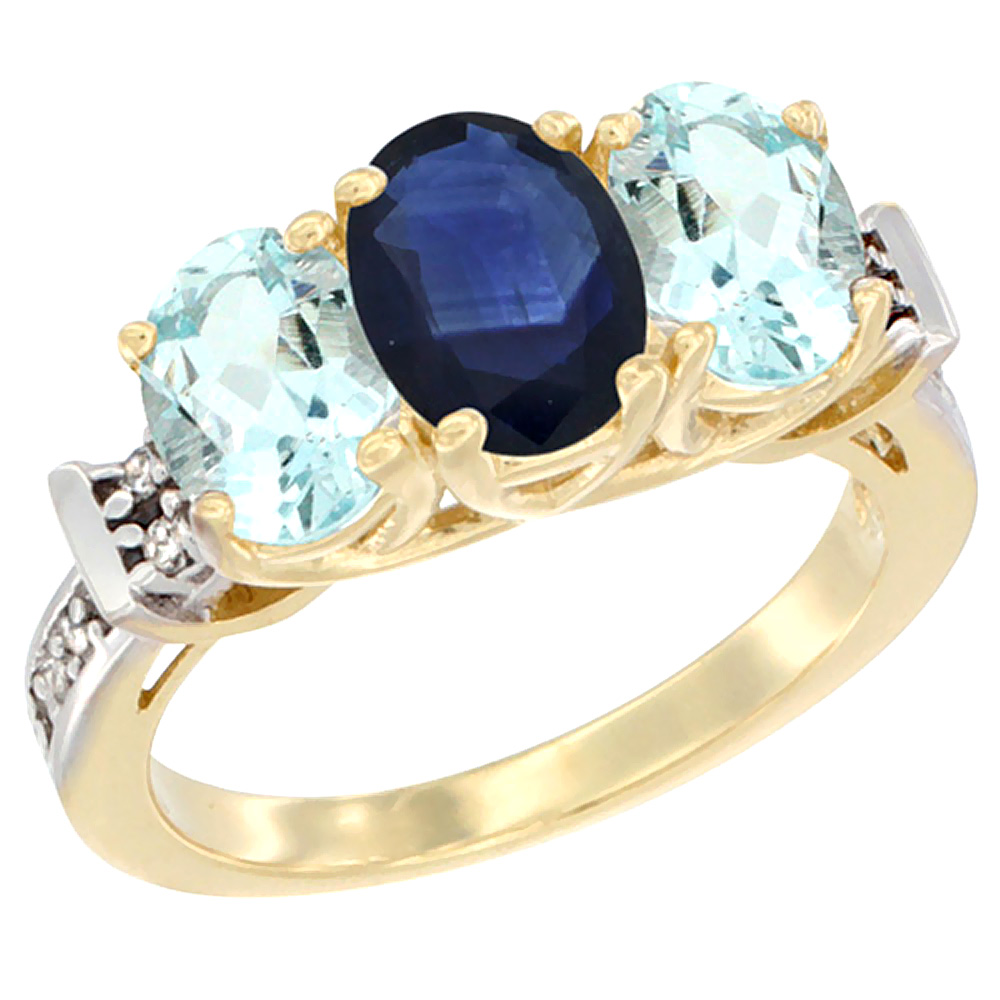 14K Yellow Gold Natural Blue Sapphire &amp; Aquamarine Sides Ring 3-Stone Oval Diamond Accent, sizes 5 - 10