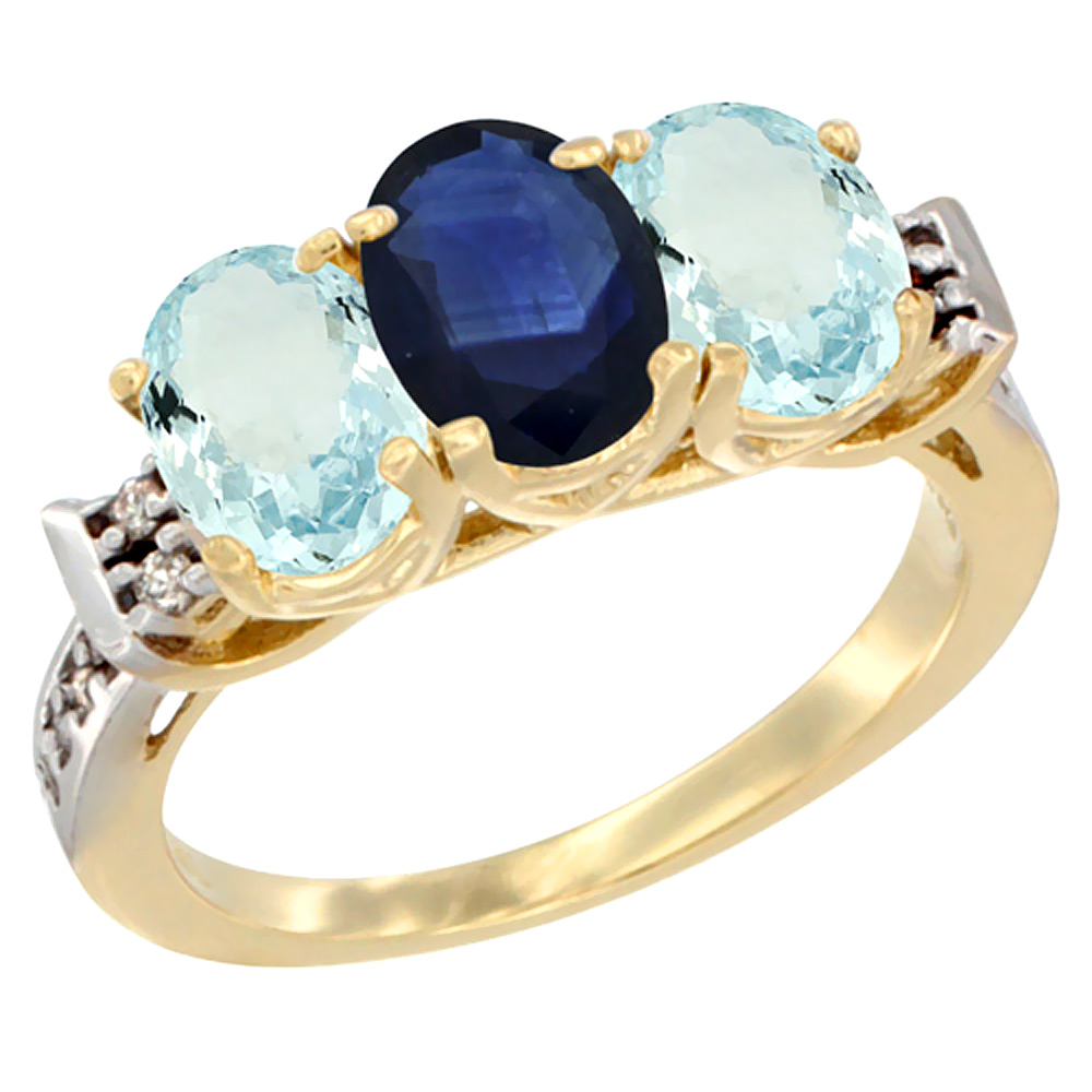 14K Yellow Gold Natural Blue Sapphire & Aquamarine Sides Ring 3-Stone Oval 7x5 mm Diamond Accent, sizes 5 - 10