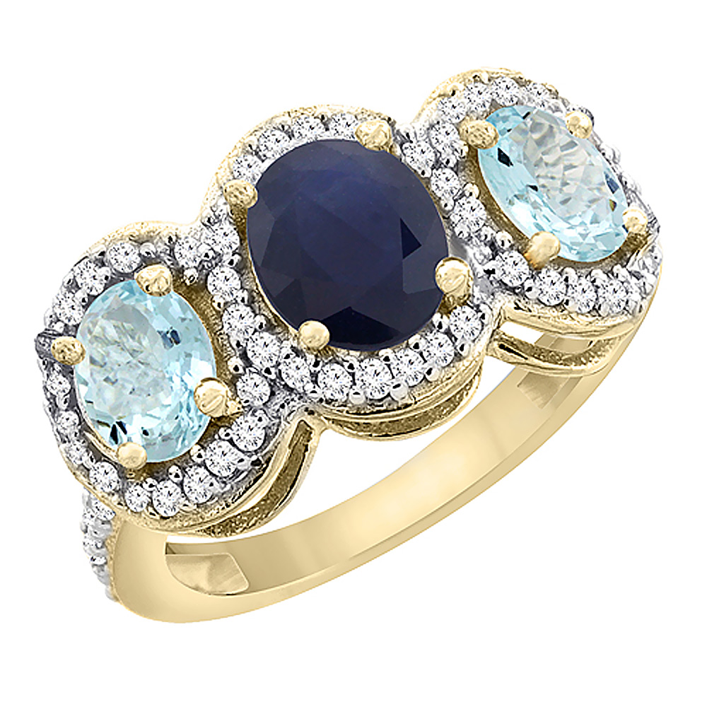 14K Yellow Gold Natural Blue Sapphire & Aquamarine 3-Stone Ring Oval Diamond Accent, sizes 5 - 10
