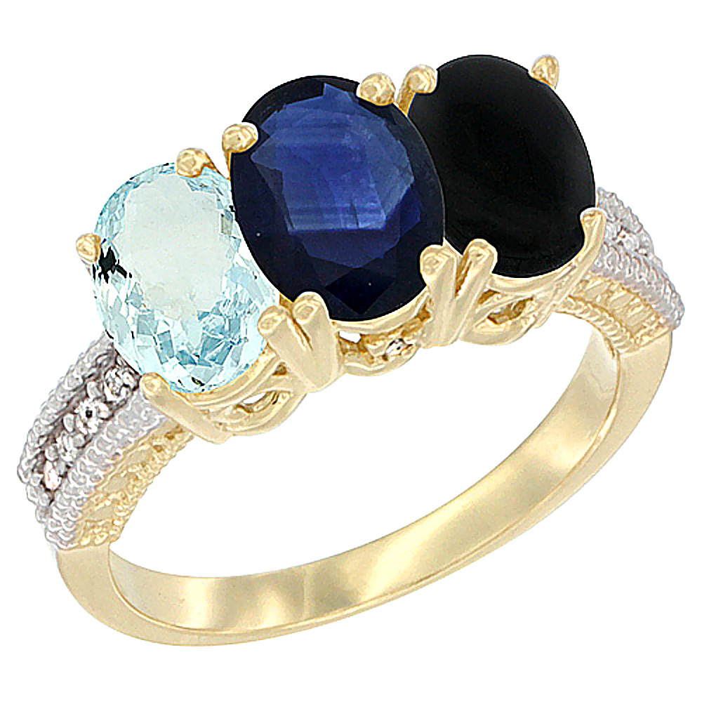 10K Yellow Gold Natural Aquamarine, Blue Sapphire & Black Onyx Ring 3-Stone Oval 7x5 mm, sizes 5 - 10