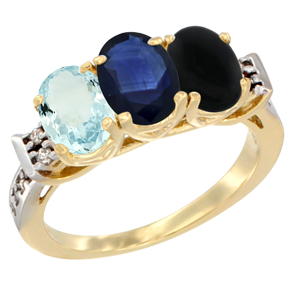 10K Yellow Gold Natural Aquamarine, Blue Sapphire &amp; Black Onyx Ring 3-Stone Oval 7x5 mm Diamond Accent, sizes 5 - 10