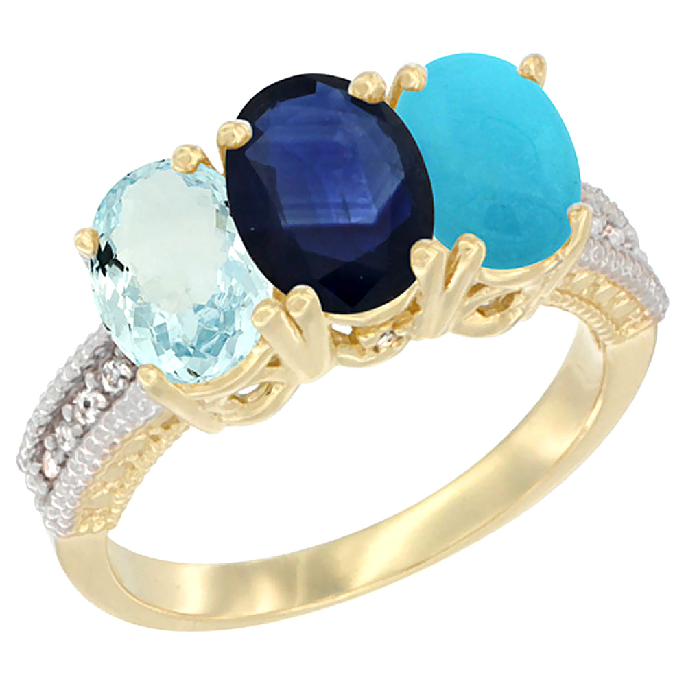 10K Yellow Gold Natural Aquamarine, Blue Sapphire &amp; Turquoise Ring 3-Stone Oval 7x5 mm, sizes 5 - 10