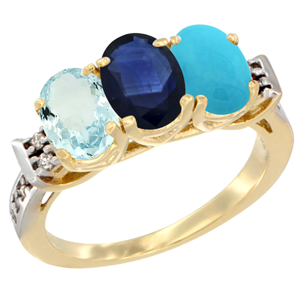 10K Yellow Gold Natural Aquamarine, Blue Sapphire & Turquoise Ring 3-Stone Oval 7x5 mm Diamond Accent, sizes 5 - 10