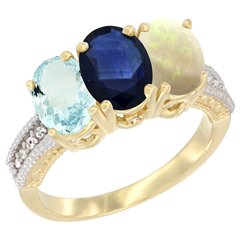 14K Yellow Gold Natural Aquamarine, Blue Sapphire &amp; Opal Ring 3-Stone Oval 7x5 mm Diamond Accent, sizes 5 - 10