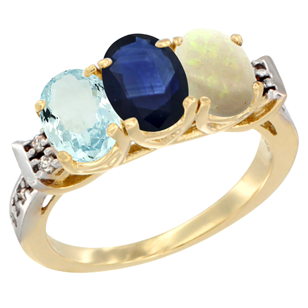 10K Yellow Gold Natural Aquamarine, Blue Sapphire & Opal Ring 3-Stone Oval 7x5 mm Diamond Accent, sizes 5 - 10