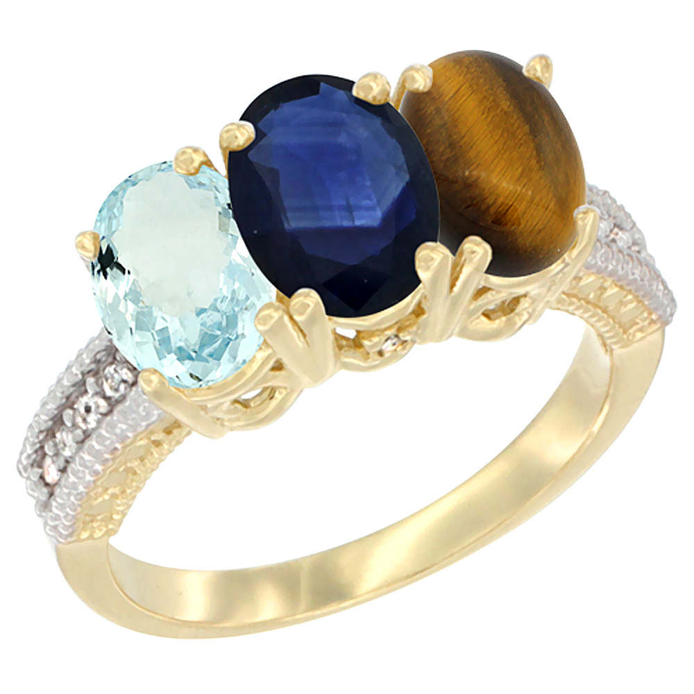 14K Yellow Gold Natural Aquamarine, Blue Sapphire &amp; Tiger Eye Ring 3-Stone Oval 7x5 mm Diamond Accent, sizes 5 - 10