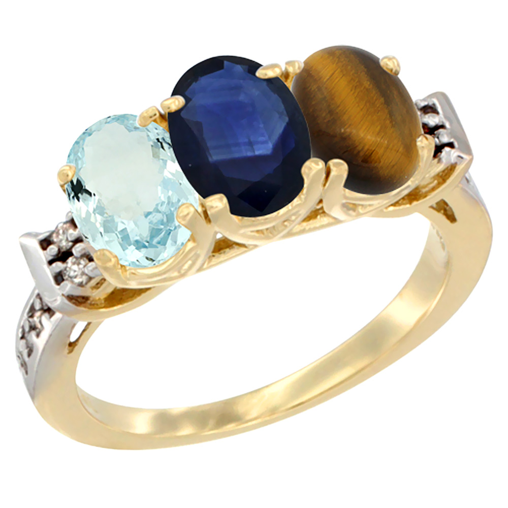 10K Yellow Gold Natural Aquamarine, Blue Sapphire & Tiger Eye Ring 3-Stone Oval 7x5 mm Diamond Accent, sizes 5 - 10