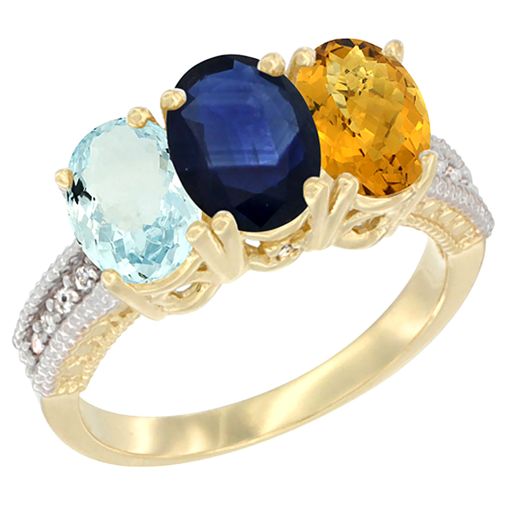 10K Yellow Gold Natural Aquamarine, Blue Sapphire & Whisky Quartz Ring 3-Stone Oval 7x5 mm, sizes 5 - 10