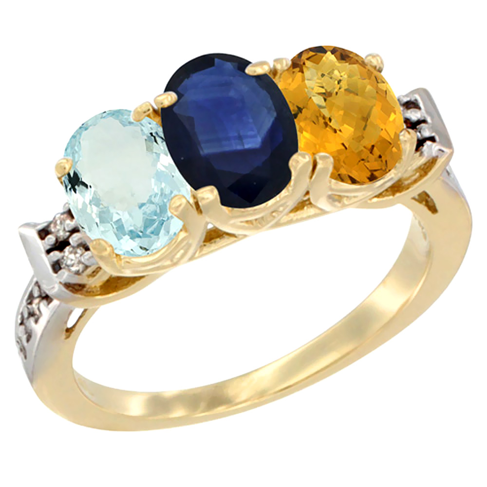 14K Yellow Gold Natural Aquamarine, Blue Sapphire & Whisky Quartz Ring 3-Stone Oval 7x5 mm Diamond Accent, sizes 5 - 10
