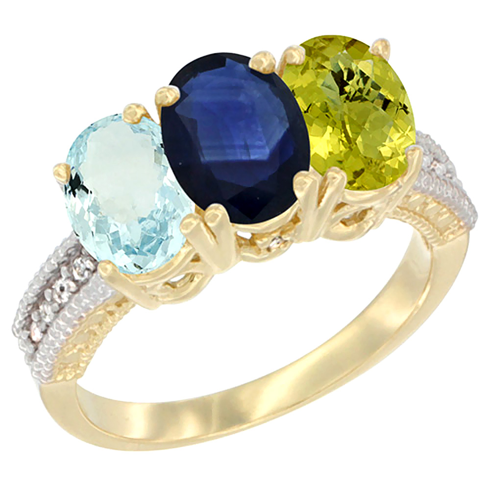 10K Yellow Gold Natural Aquamarine, Blue Sapphire &amp; Lemon Quartz Ring 3-Stone Oval 7x5 mm, sizes 5 - 10