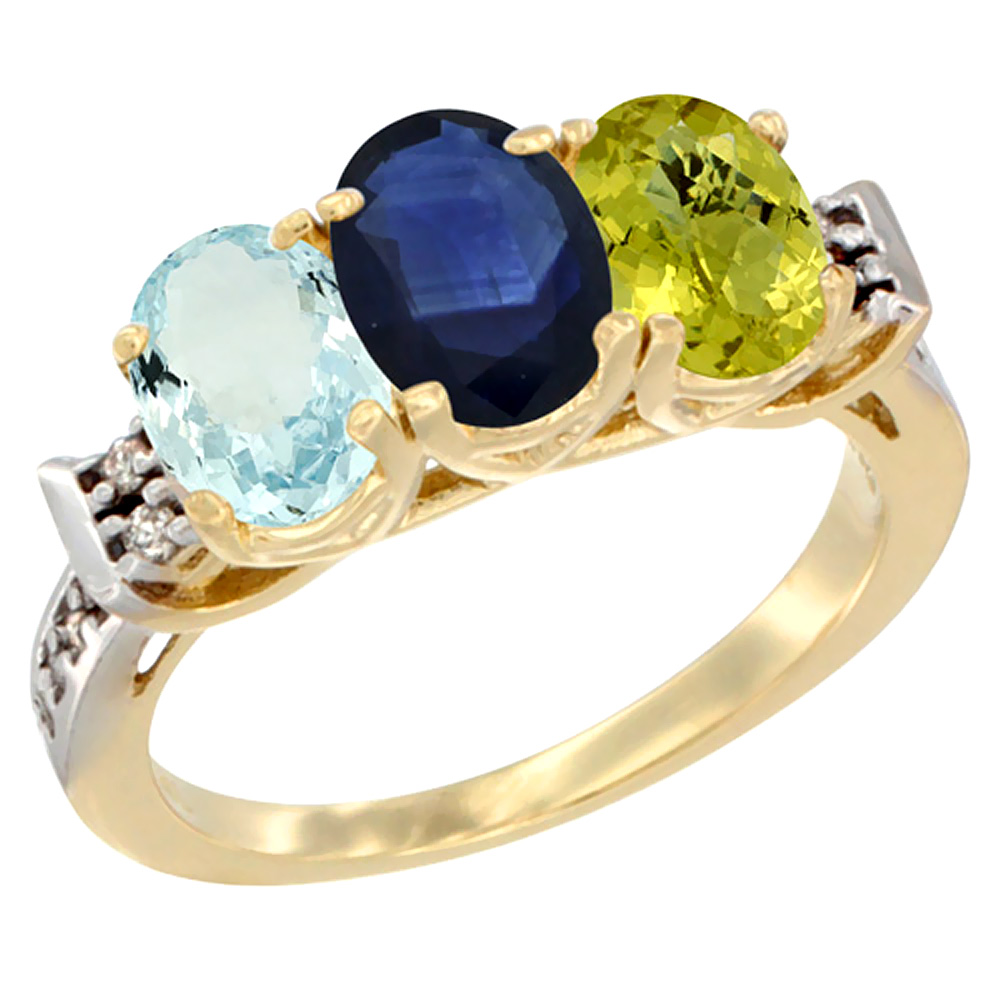 10K Yellow Gold Natural Aquamarine, Blue Sapphire &amp; Lemon Quartz Ring 3-Stone Oval 7x5 mm Diamond Accent, sizes 5 - 10