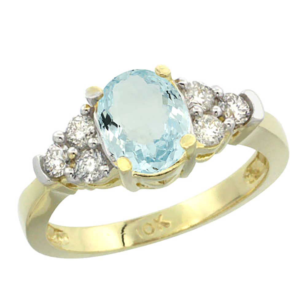 10K Yellow Gold Natural Aquamarine Ring Oval 9x7mm Diamond Accent, sizes 5-10