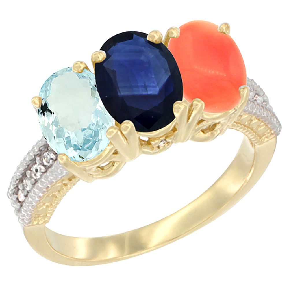 14K Yellow Gold Natural Aquamarine, Blue Sapphire & Coral Ring 3-Stone Oval 7x5 mm Diamond Accent, sizes 5 - 10
