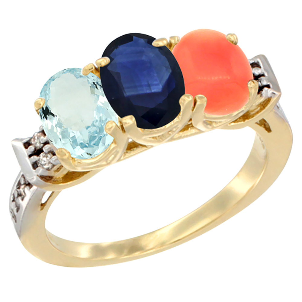 10K Yellow Gold Natural Aquamarine, Blue Sapphire & Coral Ring 3-Stone Oval 7x5 mm Diamond Accent, sizes 5 - 10