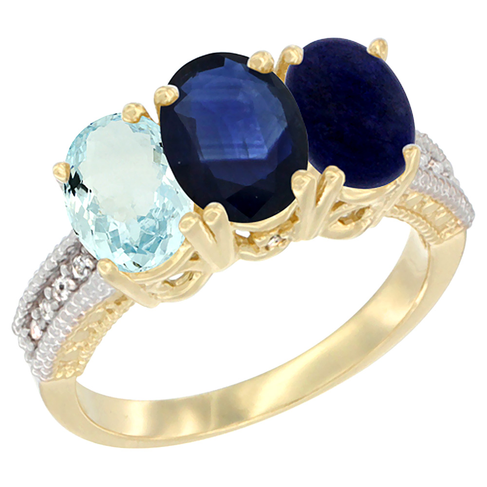 10K Yellow Gold Natural Aquamarine, Blue Sapphire &amp; Lapis Ring 3-Stone Oval 7x5 mm, sizes 5 - 10