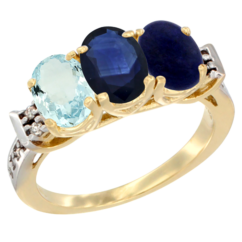 10K Yellow Gold Natural Aquamarine, Blue Sapphire &amp; Lapis Ring 3-Stone Oval 7x5 mm Diamond Accent, sizes 5 - 10