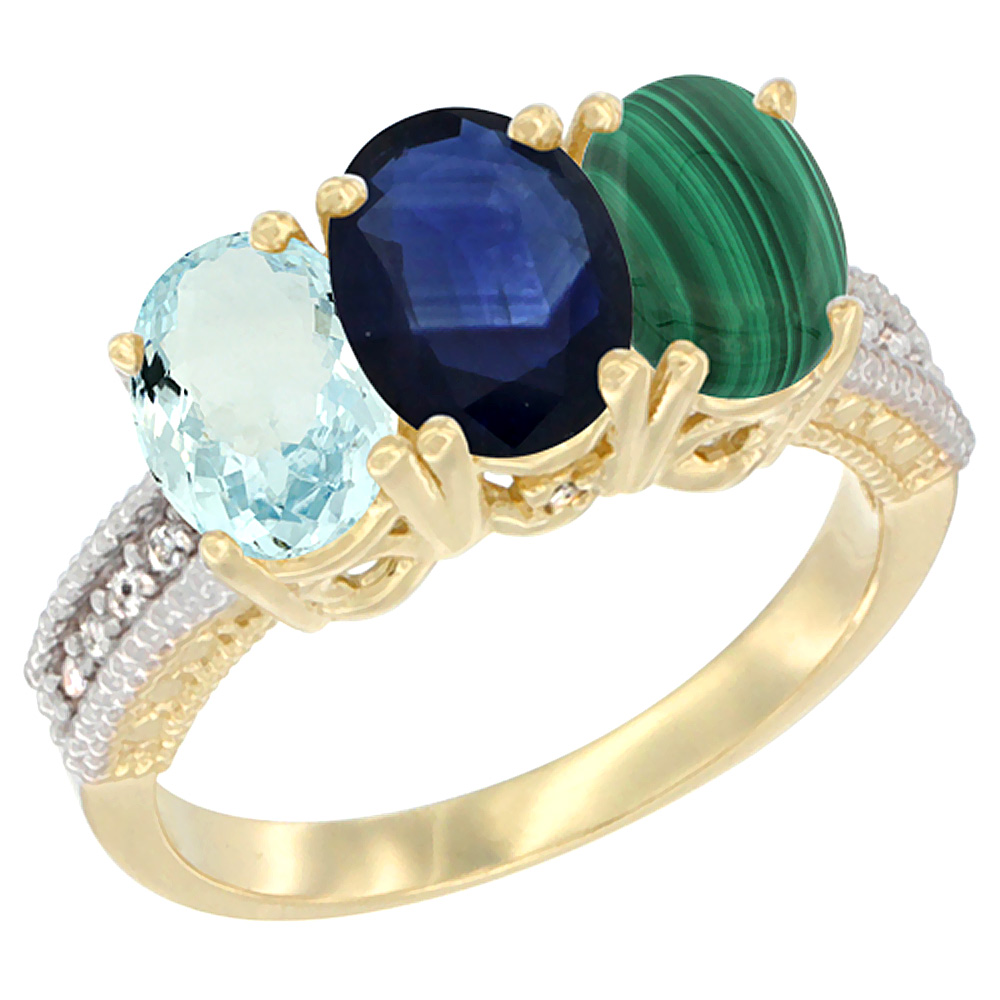 14K Yellow Gold Natural Aquamarine, Blue Sapphire &amp; Malachite Ring 3-Stone Oval 7x5 mm Diamond Accent, sizes 5 - 10
