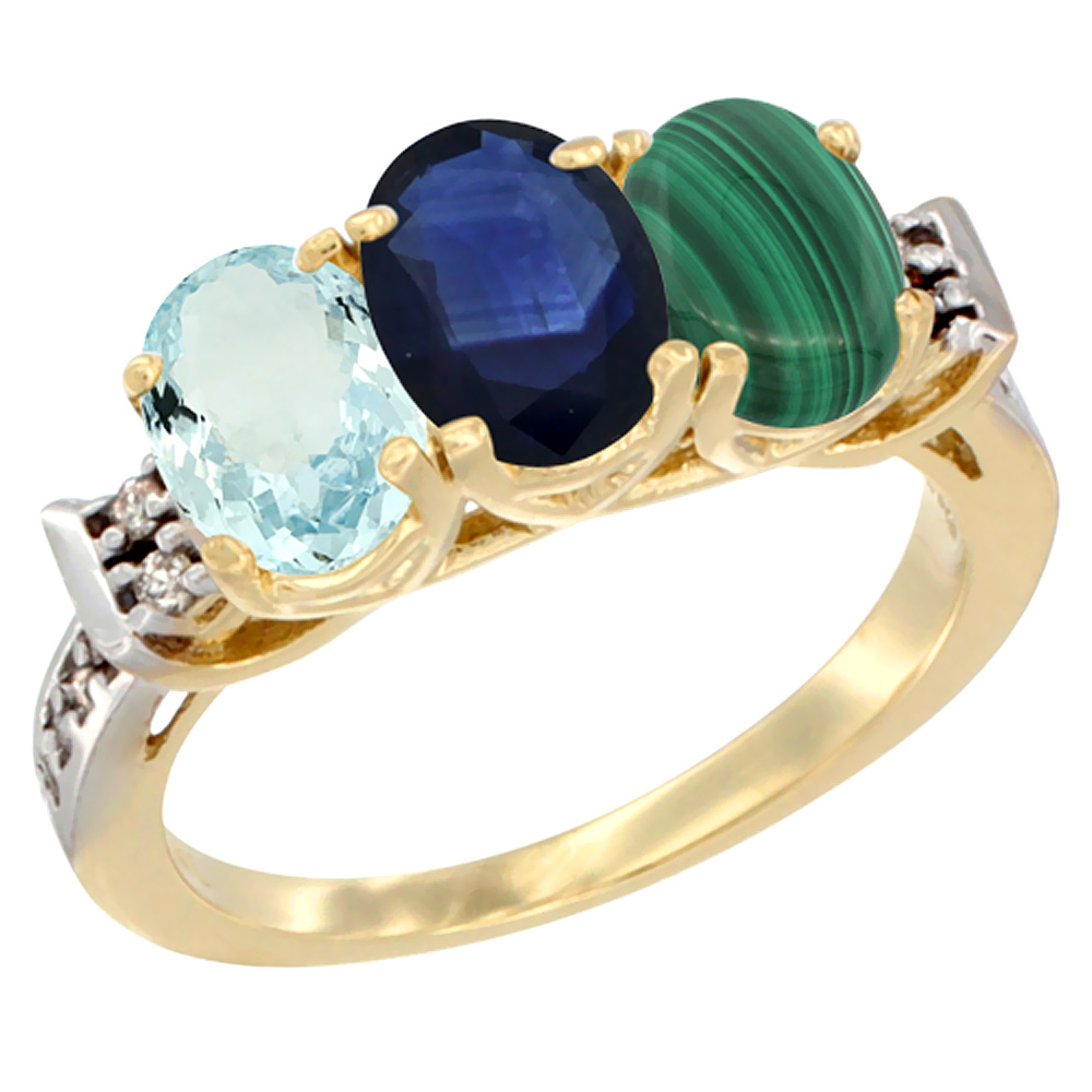 14K Yellow Gold Natural Aquamarine, Blue Sapphire & Malachite Ring 3-Stone Oval 7x5 mm Diamond Accent, sizes 5 - 10