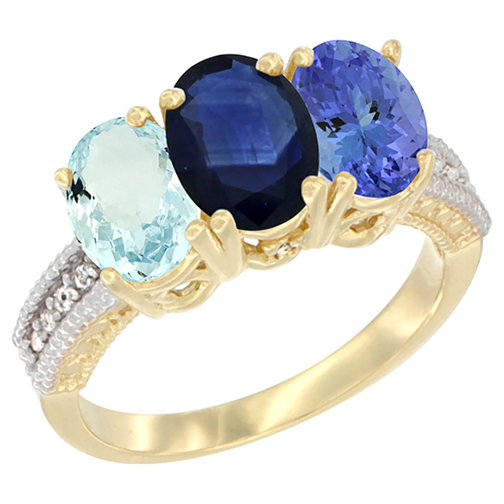 10K Yellow Gold Natural Aquamarine, Blue Sapphire & Tanzanite Ring 3-Stone Oval 7x5 mm, sizes 5 - 10